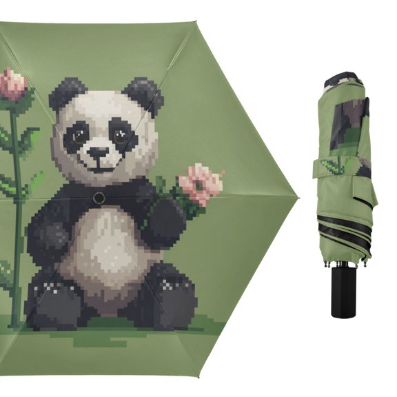 Cute Panda and Flower Pixel Style All Weather Umbrella Triple Folding Parasol 6 Ribs UV Protection Portable