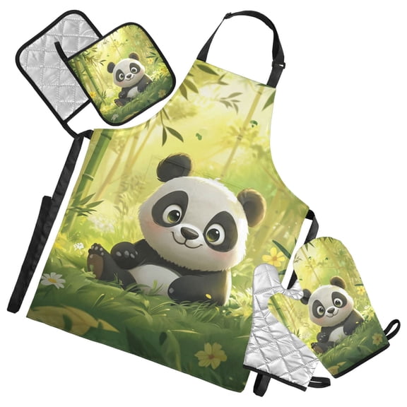 Cute Panda in Bamboo Forest Oven Mitts and Pot Holders with Chef Apron Set 5 Pcs Kitchen Cooking Set