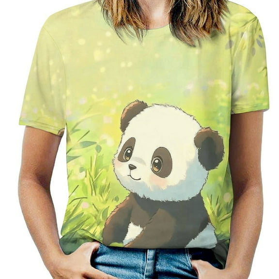 Cute Panda in Grass Womens Tops Women's Fashion Casual Short Sleeve Flower Print Round Neck Pullover Top Blouse