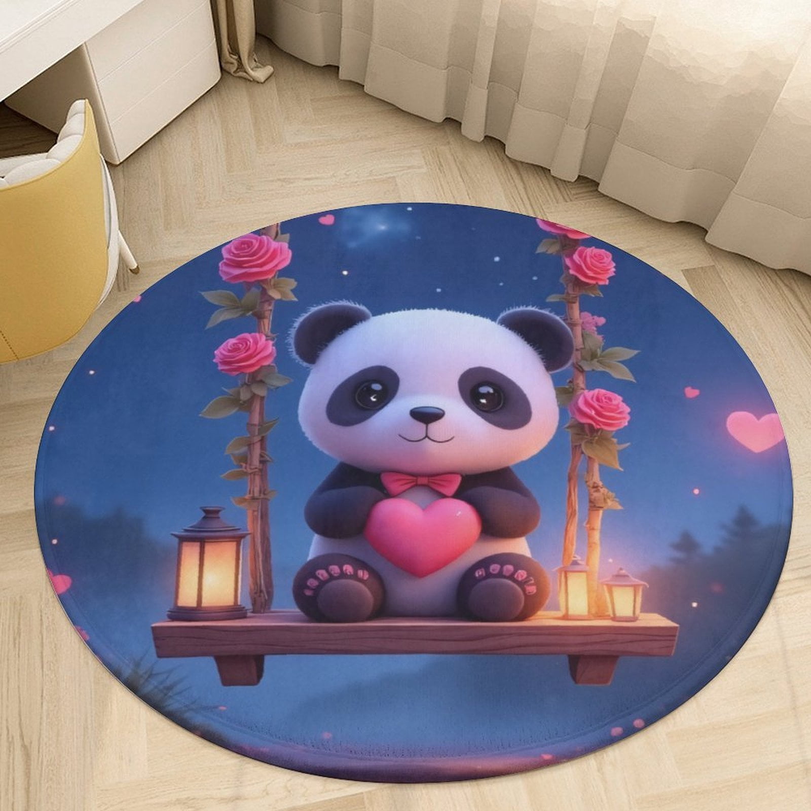 Cute Panda on Swing with Hearts Round Area Rugs for Bedroom Living Room ...