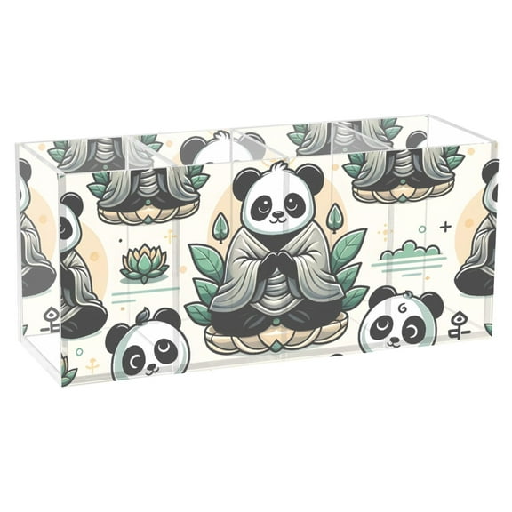 Cute Panda with Lotus Flower Acrylic Pencil Pen Holder Cup 4 Compartments Desktop Organiser 7.87"x2.78"x3.54"