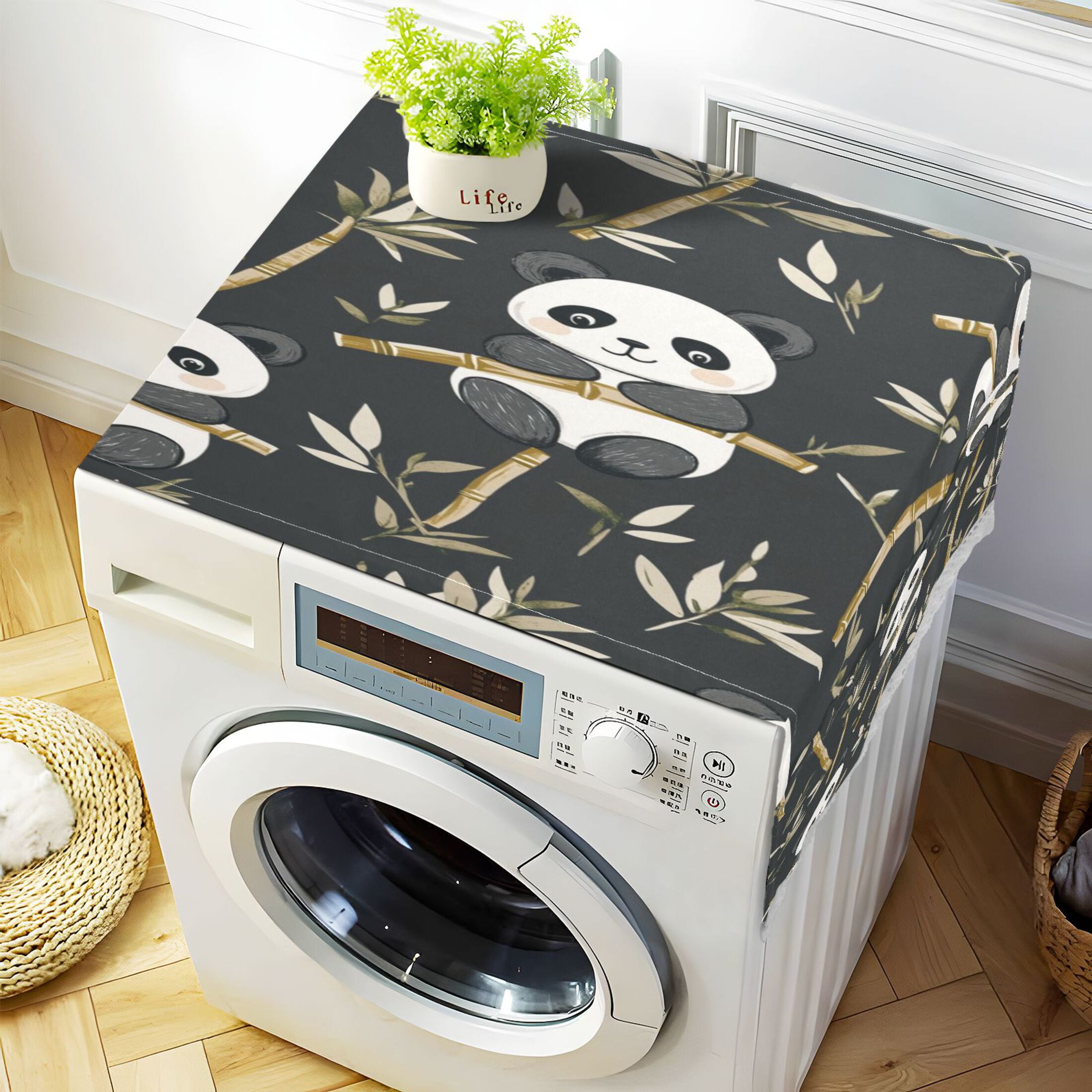 Cute PandaWasher and Dryer Covers Dust-Proof and Oil Resistant Fridge Cover with 4 Storage Pockets Washing Machine Top Cover for Laundry Kitchen Home 51.2 x 22 In