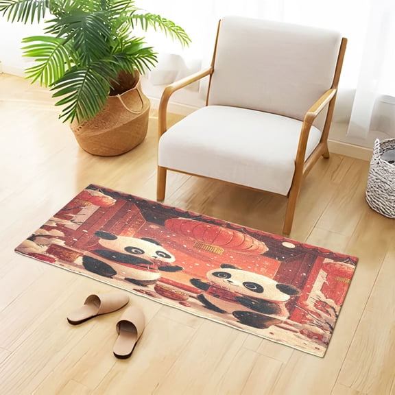 Cute Pandas Celebrate New Year Snow Lanterns Plush Carpet Non Slip Runner Rug Absorbent Bath Mat 39" x 20"