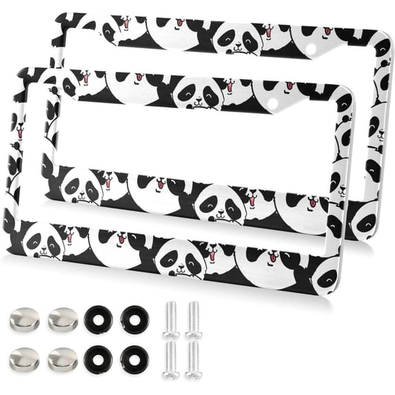 Cute Pandas License Plate Frame, Decorative Aluminum Car Tag Frames, 2 Pack Universal Car License Plate Covers with 2 Holes and Screws
