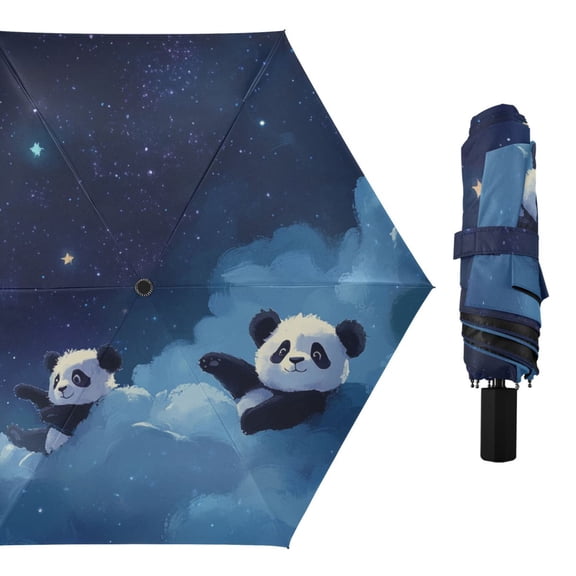 Cute Pandas Lying on Clouds Stars All Weather Umbrella Triple Folding Parasol 6 Ribs UV Protection Portable