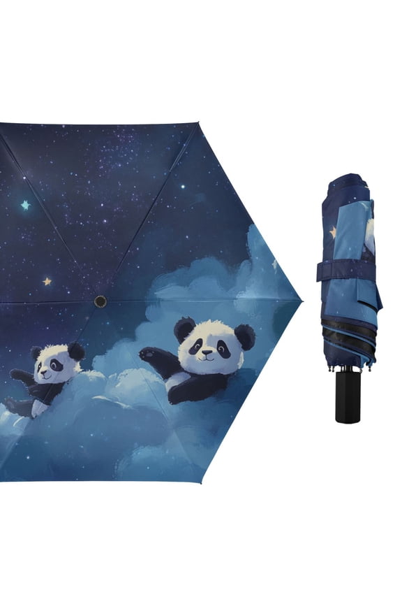 Cute Pandas Lying on Clouds Stars All Weather Umbrella Triple Folding Parasol 6 Ribs UV Protection Portable