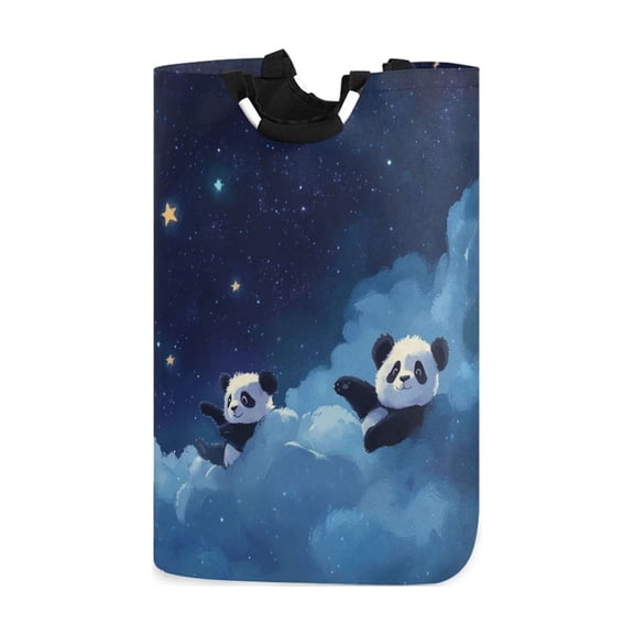 Cute Pandas Lying on Clouds Stars Laundry Basket with Handles Foldable Laundry Hamper Freestanding Washing Bin 50L