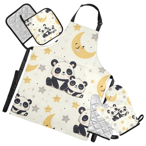 Cute Pandas Moon Star 5 Pcs Kitchen Set Heat Resistant Oven Mitts and Non-Slip Pot Holders with Adjustable Cooking Apron