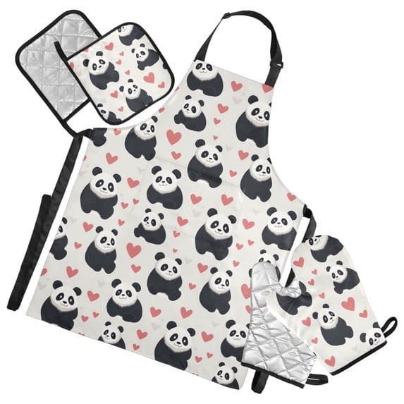 Cute Pandas and Red Heart 5 Pcs Kitchen Set Heat Resistant Oven Mitts and Non-Slip Pot Holders with Adjustable Cooking Apron