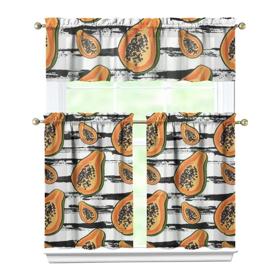 Cute Papaya Lover Kitchen Curtains Set, Tropical Fruit Print Tier and Valance, Funny Kawaii Cartoon Papaya Design with Abstract Painting Pattern for Kitchen Window Decor