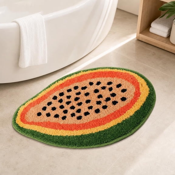 Cute Papaya Shaped Fluffy Tufted Bath Mat, Super Absorbent Non Slip Fruit Doormat, Quick Dry Bathroom Floor Rug for Shower Entryway Home Decor