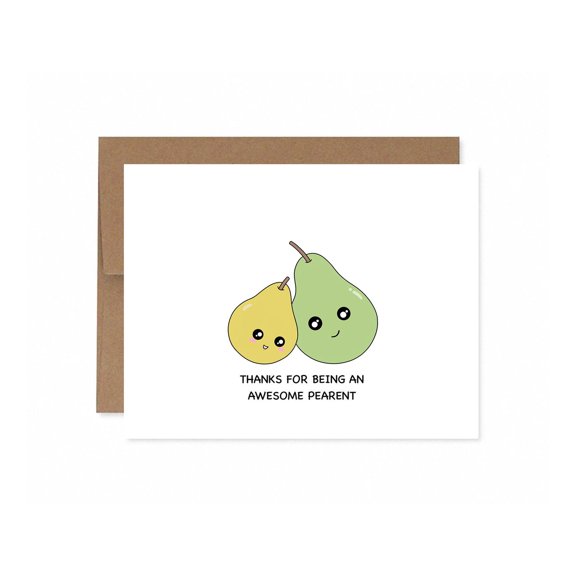 Cute Parent Thank You Card "Thanks for Being an Awesome Parent" with Adorable Pear Design Envelope Included, Blank Inside Perfect Gift for Parents on Any Occasion