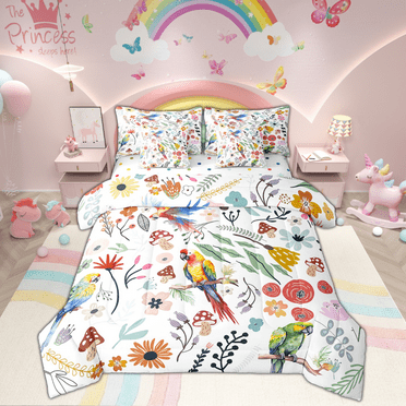 Cute Parrot Comforter Set 7 Piece Bed in a Bag Twin,Mushroom Floral Cartoon Animal Bedding Sets Watercolor Flowers Leaves Sheet Set with Comforter