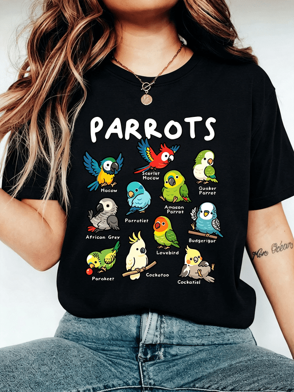 Cute Parrot Species Chart Graphic T‑Shirt Bird Lover Women Casual Short‑Sleeve Tee Top