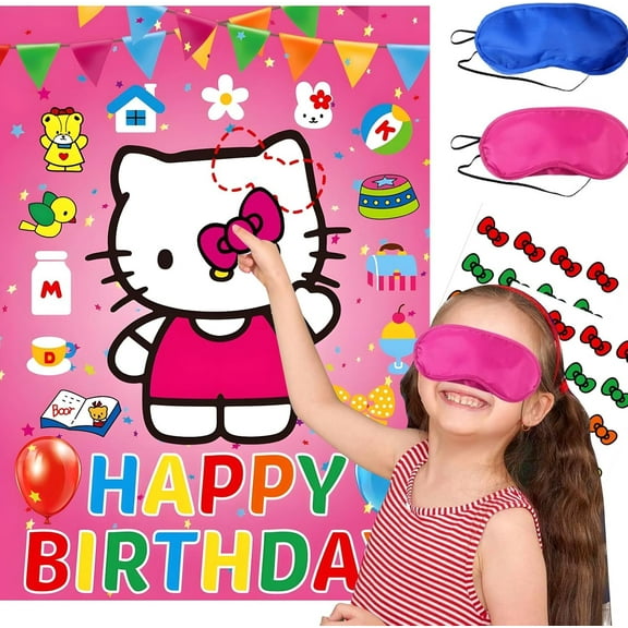 Cute Party Decorations - Kitty Cartoon Party Supplies Include Large Poster with 24 Pcs Stickers, Pin The bow Sticker Party Game for Birthday Favors
