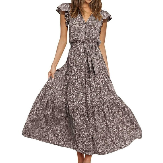 Cute Party Maxi Sundresses for Women Casual Summer V Neck Belted Polka Dot Shirt Dresses Womens Beach Pleated Ruffle Aline Swing Long Plus Size Sun Dress Ruffle Sleeve Wedding Guest Dress