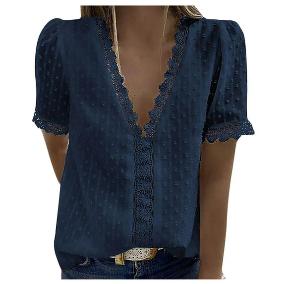 Cute Party Plus Size Lace Trim Shirts for Women Dressy Casual V Neck Plus Size Tops for Women Swiss Dot Summer Tunics Short Sleeve Blouses for Women Trendy Boho