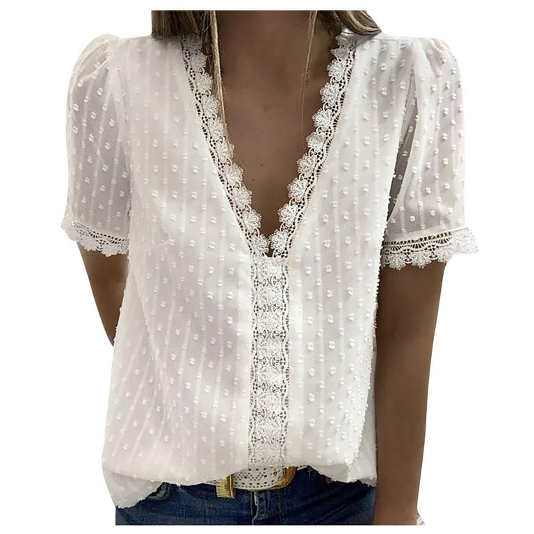 Cute Party Plus Size Lace Trim Shirts for Women Dressy Casual V
