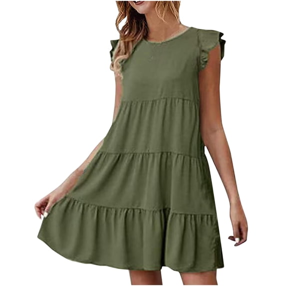Cute Party Ruffle Sleeve Mini Sundresses for Women Casual Summer Boho Short Smocked Flowy Dresses Beach Ruffle Tiered Tunic Swing Plus Size Sun Dress Crewneck Dress Wedding Guest