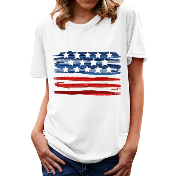Cute Party Shirts for Women Round Neck Short Sleeve Womens Blouses and Tops Dressy Star Striped Patriotic T-Shirts for Women Trendy Comfy USA Flag Teenth Tunic Tops Plus Size