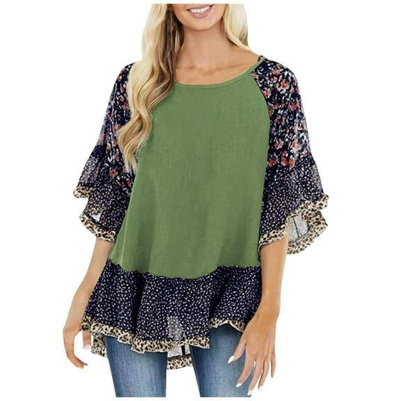 Cute Party Summer Tops for Women Plus Size Boho Flowy Loose Womens Blouses Trendy Tunics Round Neck Floral Print Color Block Shirts for Women Dressy 3/4 Sleeve Casual Tshirt