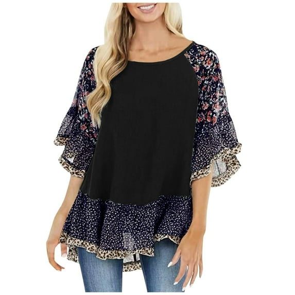 Cute Party Summer Tops for Women Plus Size Boho Flowy Loose Womens Blouses Trendy Tunics Round Neck Floral Print Color Block Shirts for Women Dressy 3/4 Sleeve Casual Tshirt