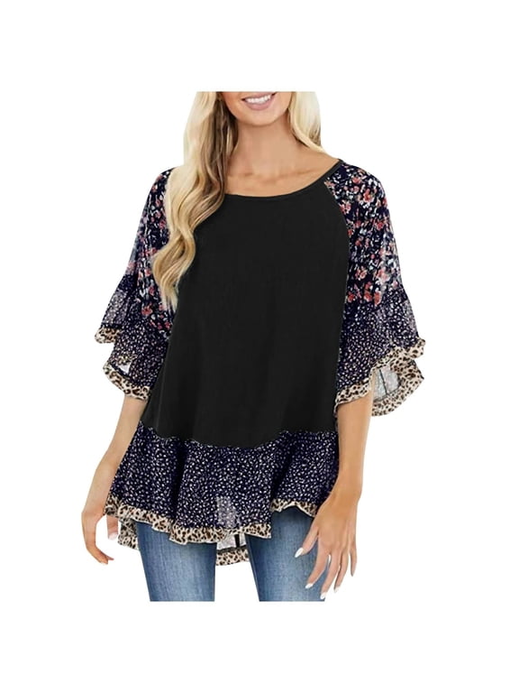 Summer Tops for Women Plus Size Boho Flowy Loose Womens Blouses Trendy Tunics Round Neck Floral Print Color Block Shirts for Women Dressy 3/4 Sleeve Casual Tshirt