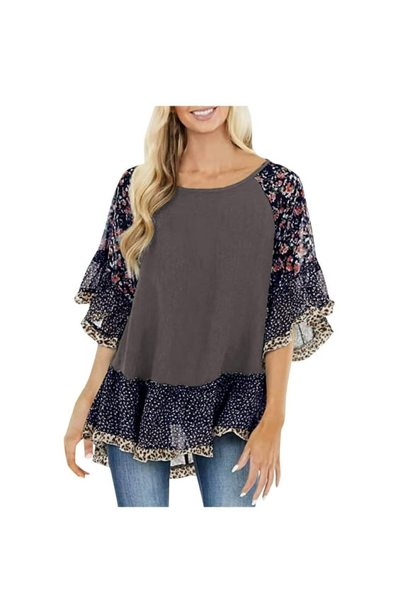 Summer Tops for Women Plus Size Boho Flowy Loose Womens Blouses Trendy Tunics Round Neck Floral Print Color Block Shirts for Women Dressy 3/4 Sleeve Casual Tshirt