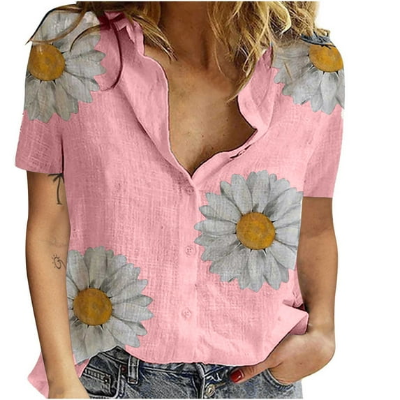 Cute Party Summer Tops for Women Plus Size Button-Up Comfy Womens Blouses Trendy Tunics V Neck Daisy Print Loose Shirts for Women Dressy Short Sleeve Casual Tshirt