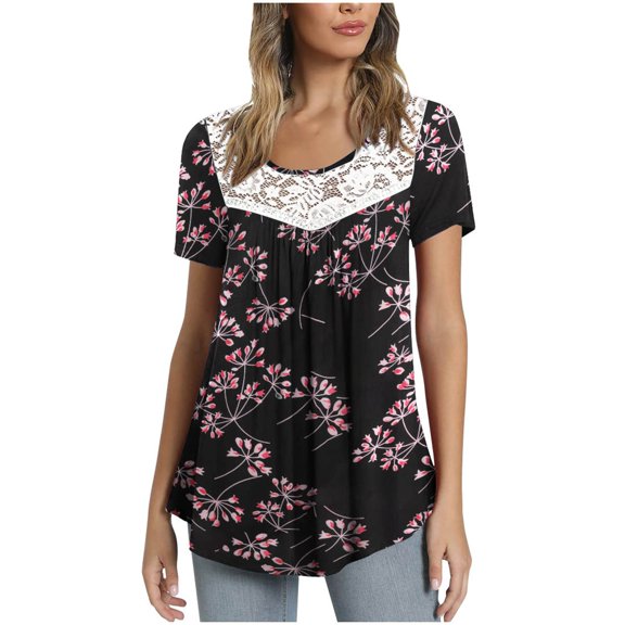 Cute Party Summer Tops for Women Plus Size Lace Patchwork Pleated Womens Blouses Trendy Tunics Round Neck Solid Color Shirts for Female Dressy Short Sleeve Casual Tshirt