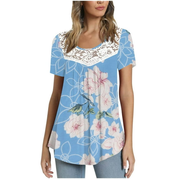 Cute Party Summer Tops for Women Plus Size Lace Patchwork Pleated Womens Blouses Trendy Tunics Round Neck Solid Color Shirts for Female Dressy Short Sleeve Casual Tshirt