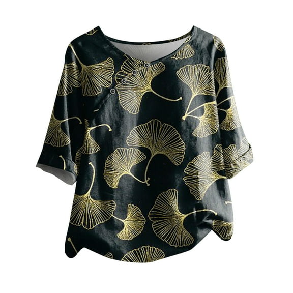 Cute Party Summer Tops for Women Plus Size Loose Button Down Womens Blouses Trendy Tunics Round Neck Vintage Floral Print Shirts for Female Dressy Short Sleeve Casual Tshirt