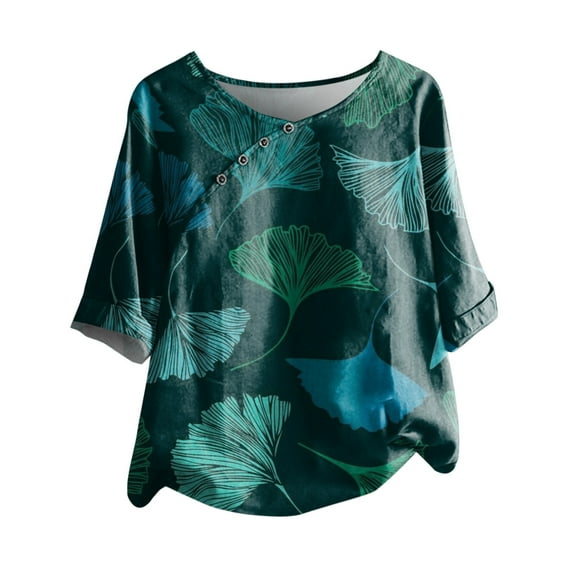 Cute Party Summer Tops for Women Plus Size Loose Button Down Womens Blouses Trendy Tunics Round Neck Vintage Floral Print Shirts for Female Dressy Short Sleeve Casual Tshirt