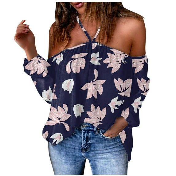 Cute Party Summer Tops for Women Plus Size Off The Shoulder Womens Blouses Trendy Tunics Spaghetti Halter Daisy Print Sexy Shirts for Female Dressy Long Sleeve Casual Tshirt