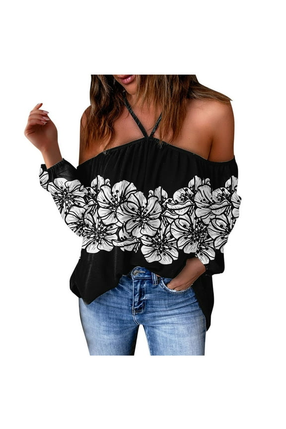 Cute Party Summer Tops for Women Plus Size Off The Shoulder Womens Blouses Trendy Tunics Spaghetti Halter Daisy Print Sexy Shirts for Female Dressy Long Sleeve Casual Tshirt