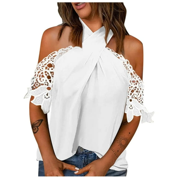 Cute Party Summer Tops for Women Plus Size Spaghetti Halter Crochet Lace Womens Blouses Trendy Tunics Off The Shoulder Sexy Shirts for Female Dressy Half Sleeve Casual Tshirt