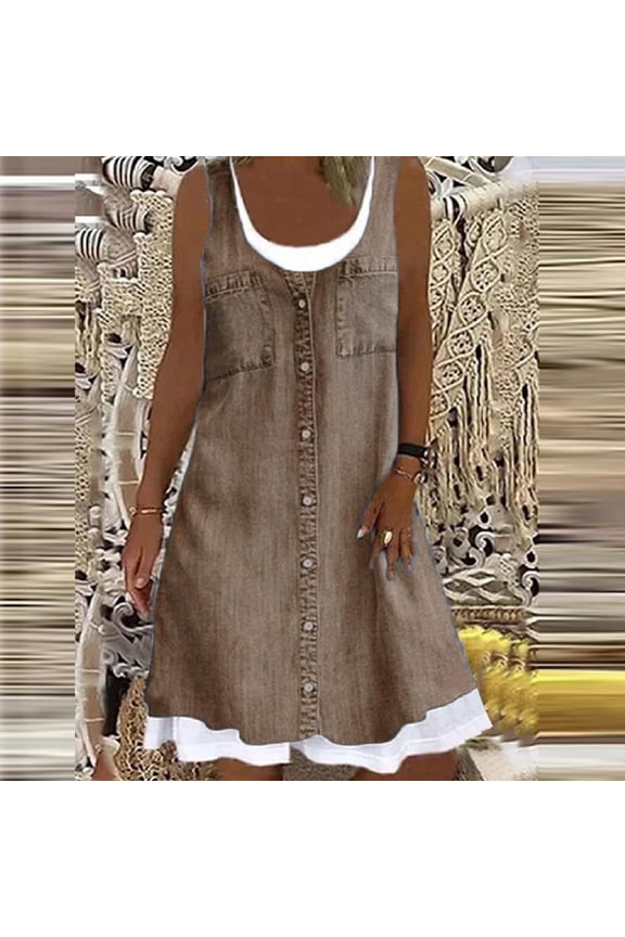 Cute Party Sun Dresses Daisy Print Knee Length Women's Casual Loose Flowy Tank Sundress for Women Beach Vacation Round Neck Sleeveless Midi Summer Shirt Dress for Women Brown XXXXXL