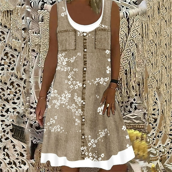 Cute Party Sun Dresses Daisy Print Knee Length Women's Casual Loose Flowy Tank Sundress for Women Beach Vacation Round Neck Sleeveless Midi Summer Shirt Dress for Women Brown XL