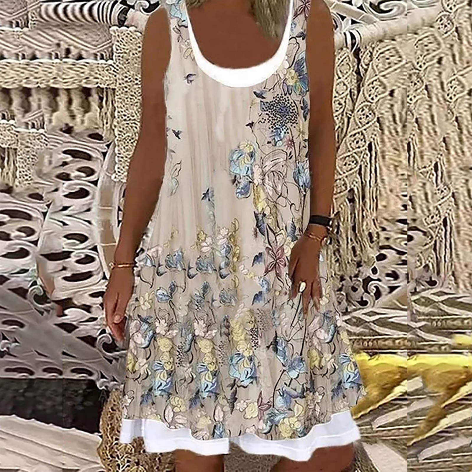 Cute Party Sun Dresses Daisy Print Knee Length Women's Casual Loose Flowy  Tank Sundress for Women Beach Vacation Round Neck Sleeveless Midi Summer  Shirt Dress for Women Beige l - Walmart Business