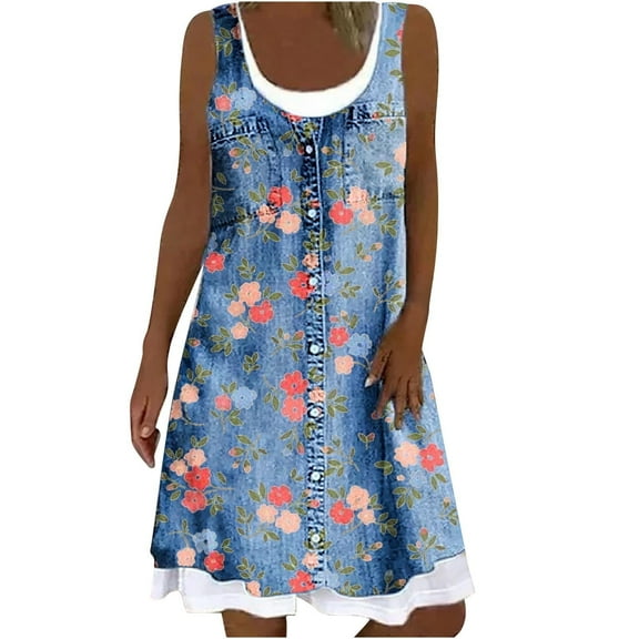 Cute Party Sun Dresses Daisy Print Knee Length Women's Casual Loose Flowy Tank Sundress for Women Beach Vacation Round Neck Sleeveless Midi Summer Shirt Dress for Women