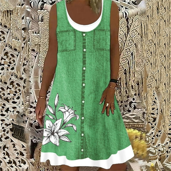 Cute Party Sun Dresses Daisy Print Knee Length Women's Casual Loose Flowy Tank Sundress for Women Beach Vacation Round Neck Sleeveless Midi Summer Shirt Dress for Women Green XXXL