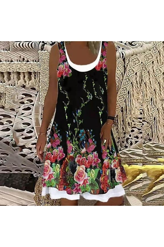 Cute Party Sun Dresses Daisy Print Knee Length Women's Casual Loose Flowy Tank Sundress for Women Beach Vacation Round Neck Sleeveless Midi Summer Shirt Dress for Women Black m