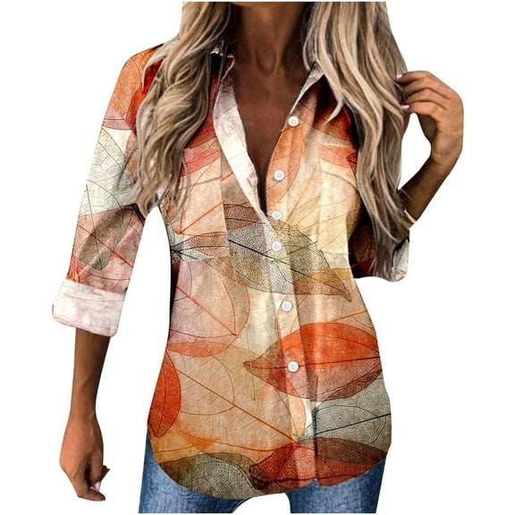 Cute Party Women Tops Long Sleeve Dressy Casual- 2022 Summer Fall Women's Loose Blouses Long Sleeved Button Down Shirt Leaves Printed Tunic Tops Female Autumn