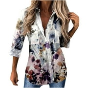Cute Party Women Tops Long Sleeve Dressy Casual- 2022 Summer Fall Women's Loose Blouses Long Sleeved Button Down Shirt Leaves Printed Tunic Tops Female Autumn