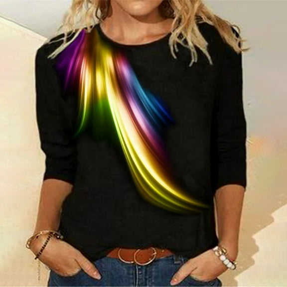 ZZwxWA Women Tops Long Sleeve Dressy Casual- Summer 3/4 Sleeve T Shirt 3D Digital Pattern Top for Womens Three Quarter Sleeve Pullover Round Neck Tee Blouse Female Autumn