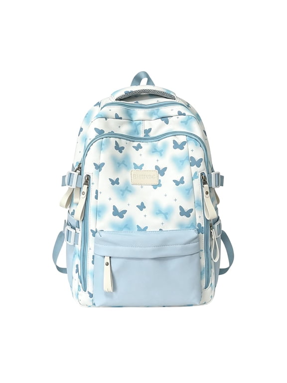 Cute Pastel Butterfly Pattern Backpack, Kawaii Aesthetic Student Book Bag with Multi Pockets, Sweet Pink White Casual Backpack for Girls School Outdoor Daily Use