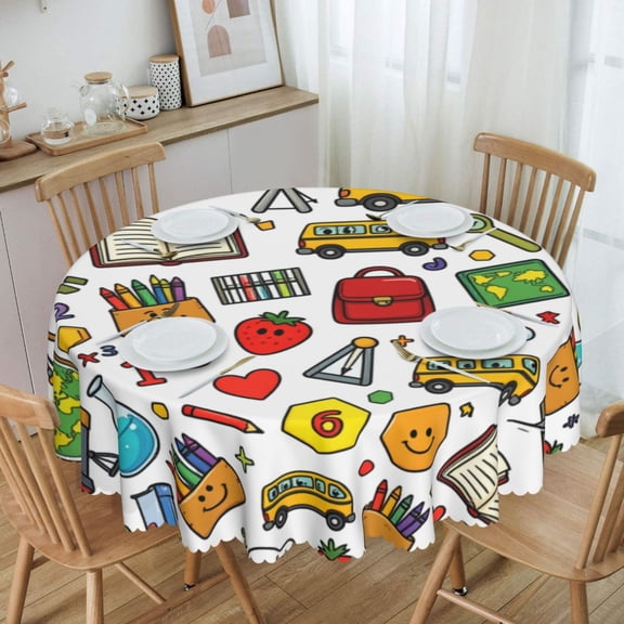 Cute Pastel Cat Faces Round Tablecloth Waterproof Oil-Proof Plastic Table Cloth Stain-Resistant Wipeable 60" for Camping, Dining, Indoor and Outdoor
