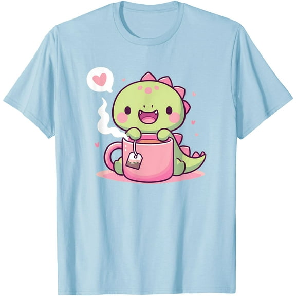Cute Pastel Dino Teacup Tea Rex Pun Unisex T-Shirt for Men Women Kids,Light Blue Color,Size YXS