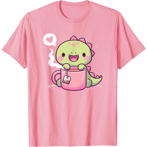 Cute Pastel Dino Teacup Tea Rex Pun Unisex T-Shirt for Men Women Kids,Light Pink Color,Size L