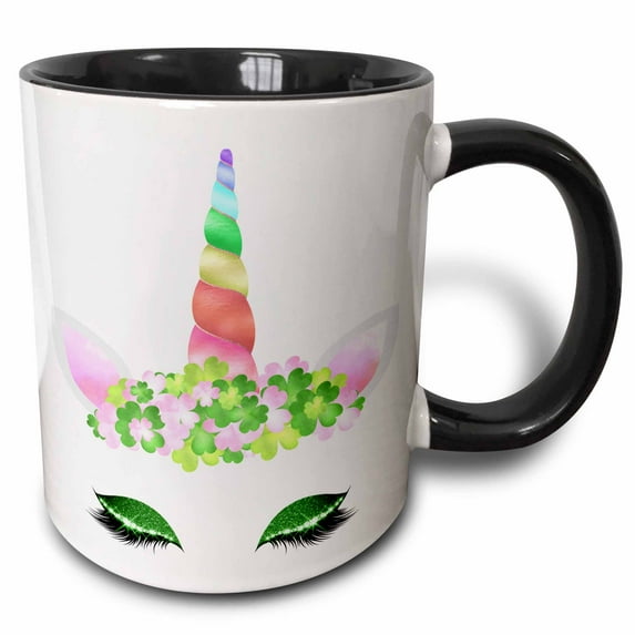 3drose, Cute Pastel Four Leaf Clovers Image of Glitter Unicorn Face, 15oz Two-tone Black Mug